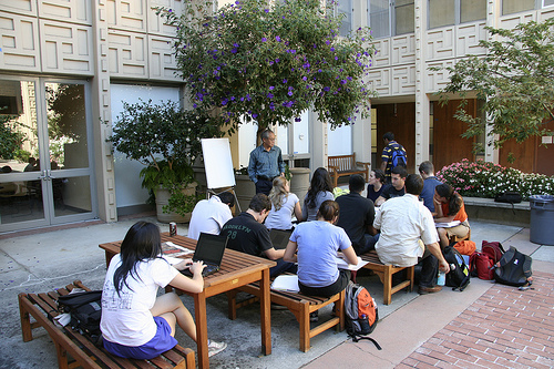 Lecture in the garden at Stanford