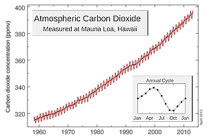 The Keeling Curve of atmospheric CO2 concentrations measured at the Mauna Loa Observatory.